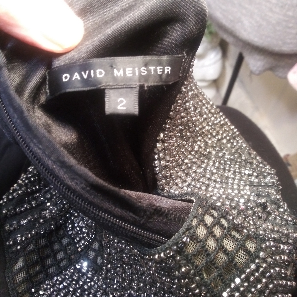 David Meister Black Beaded Collar, Ruched Waist Evening Gown - Picture 9 of 13